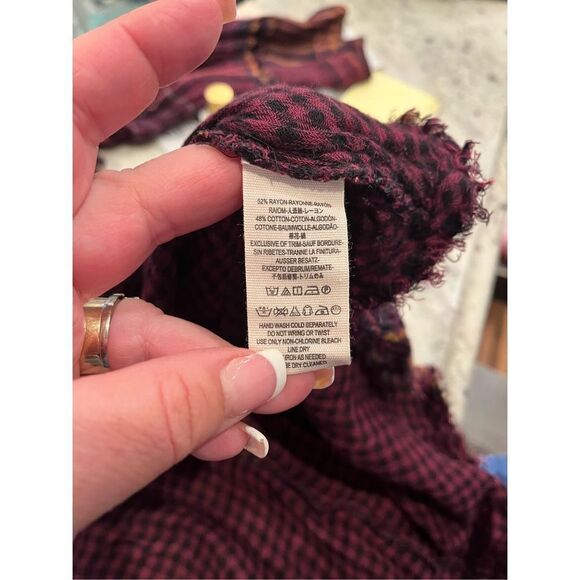 Free People Come On Over Burgundy & Gold Plaid Swing Flannel Over Sized Button D - Picture 9 of 10